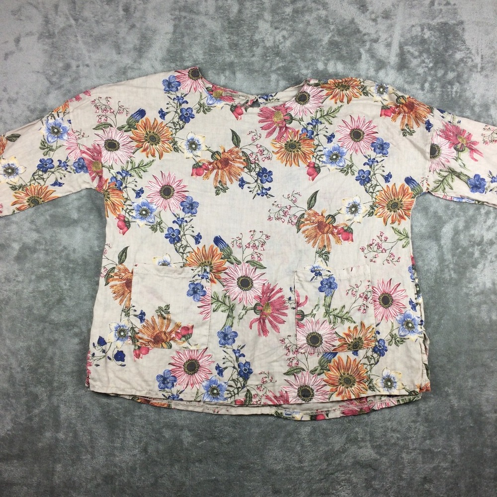 Francecsa‎ Bettini Shirt Womens 2X Linen Floral Lagenlook Italy Short Sleeve Top